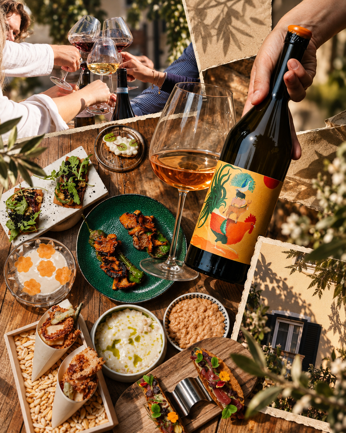 Collage di brindisi, vino e tapas della vineria